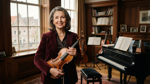 Svetlana Tratch in haar muziekstudio in Deventer met viool