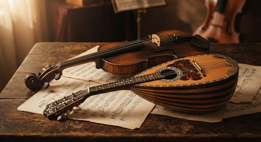 Klassieke viool en mandoline over bladmuziek